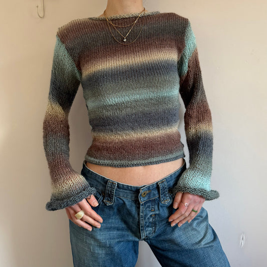 Handmade brown, beige and blue knitted flared sleeve jumper