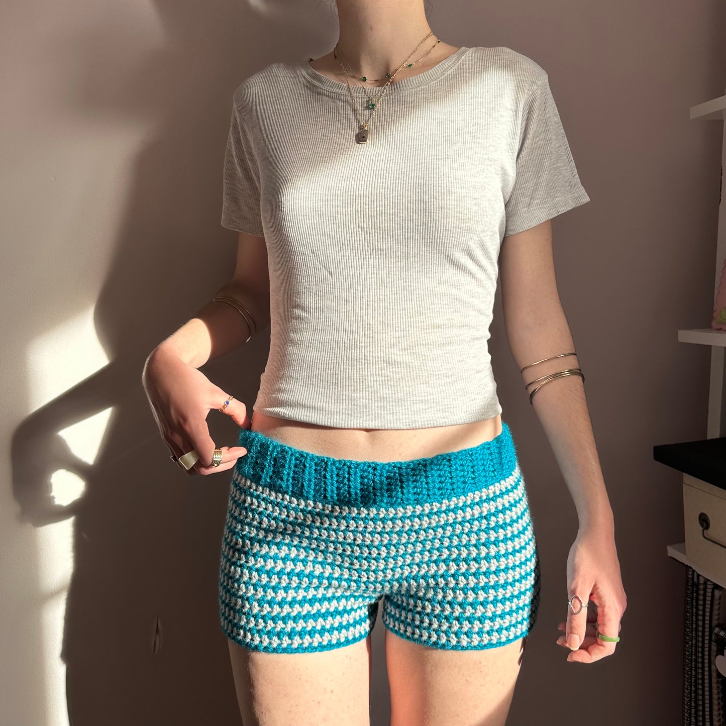 Handmade teal and light grey striped crochet shorts