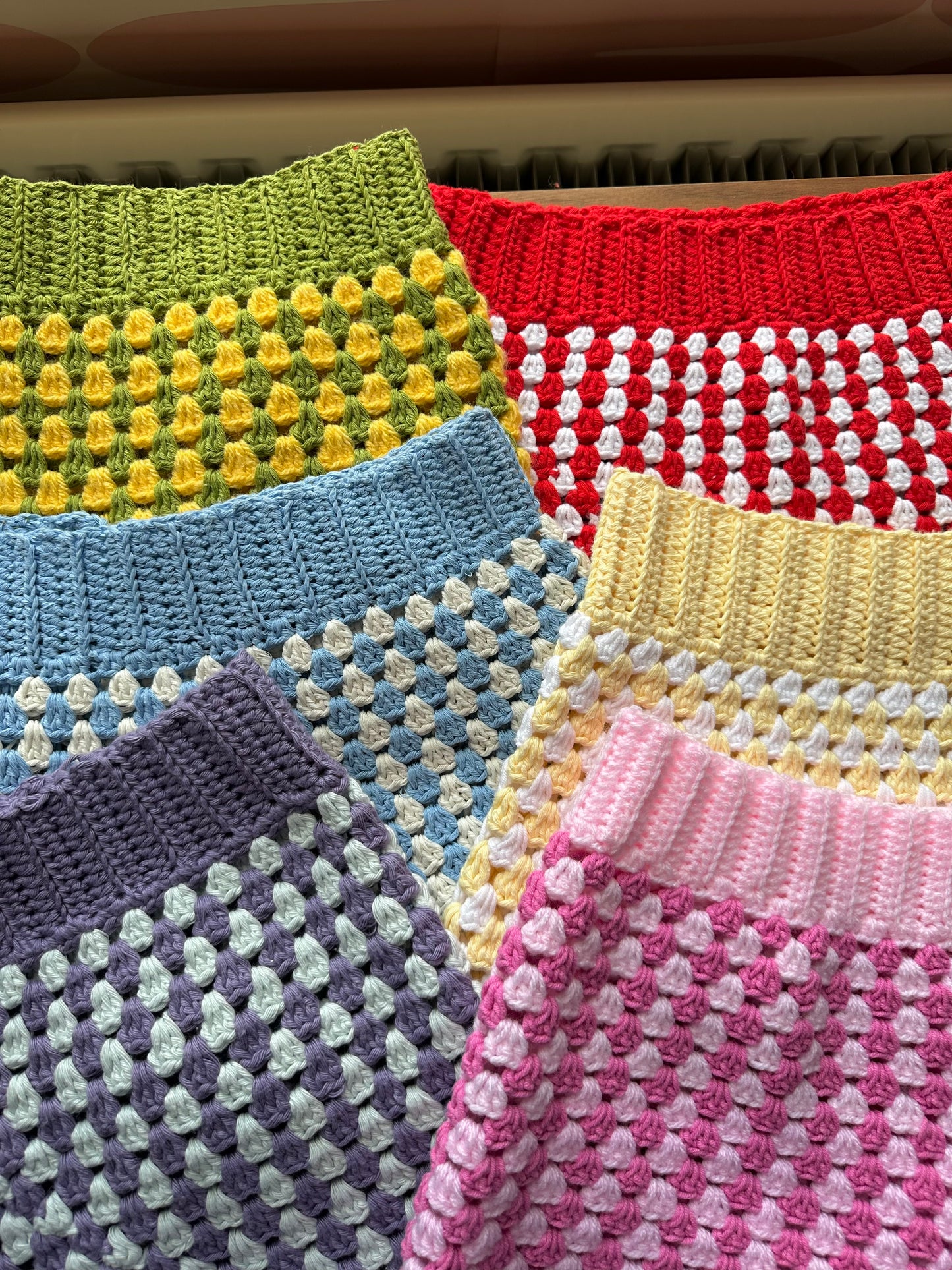 Handmade gingham crochet shorts in baby blue and cream