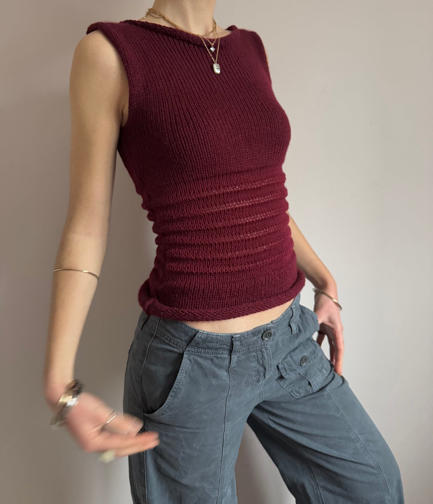 Handmade burgundy shirred knitted vest