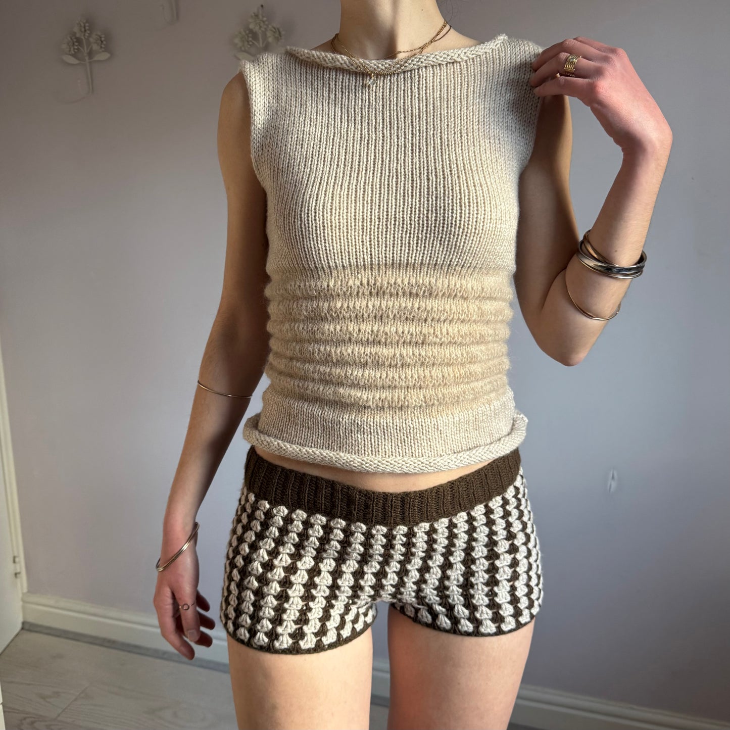 Handmade beige shirred knitted vest - mohair blend