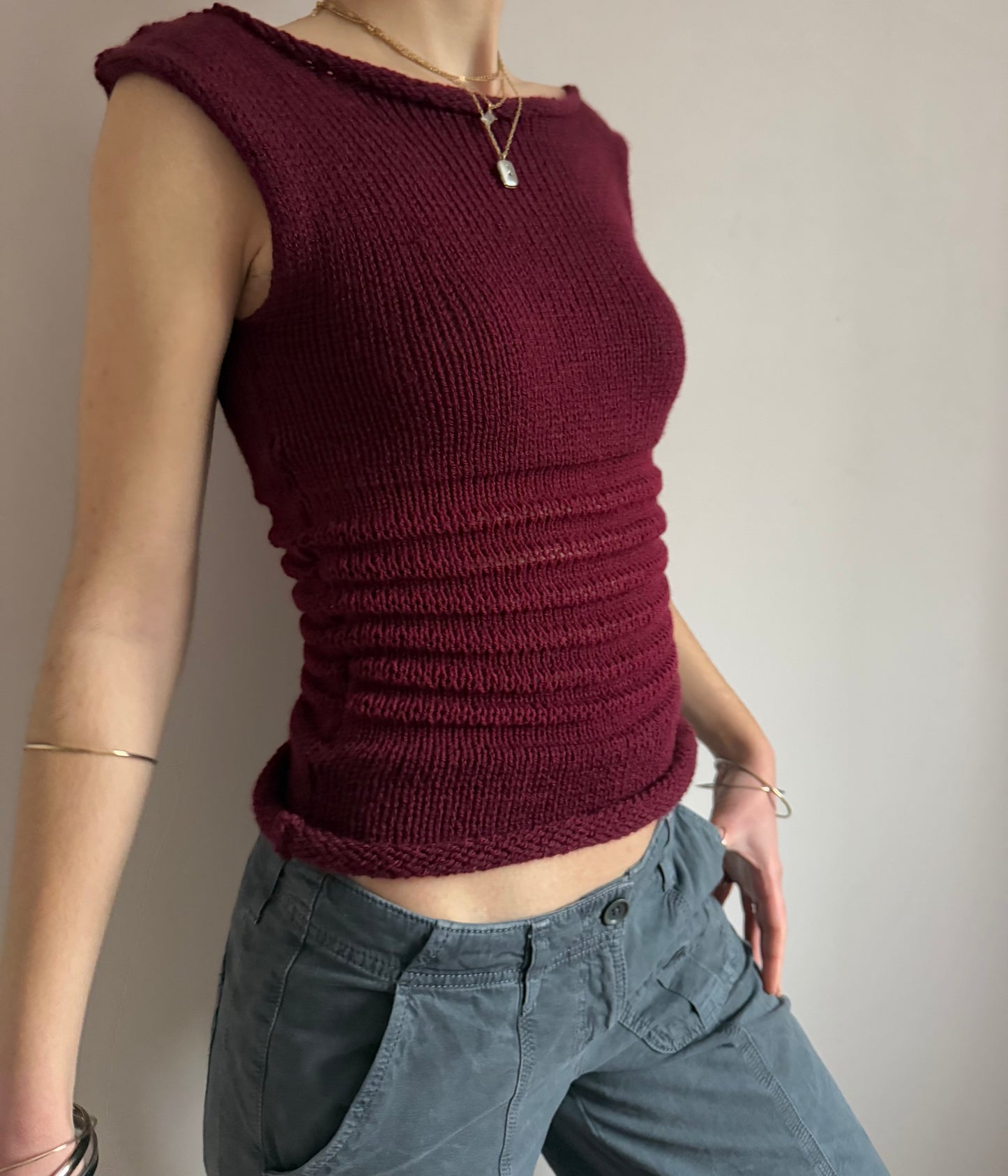 Handmade burgundy shirred knitted vest