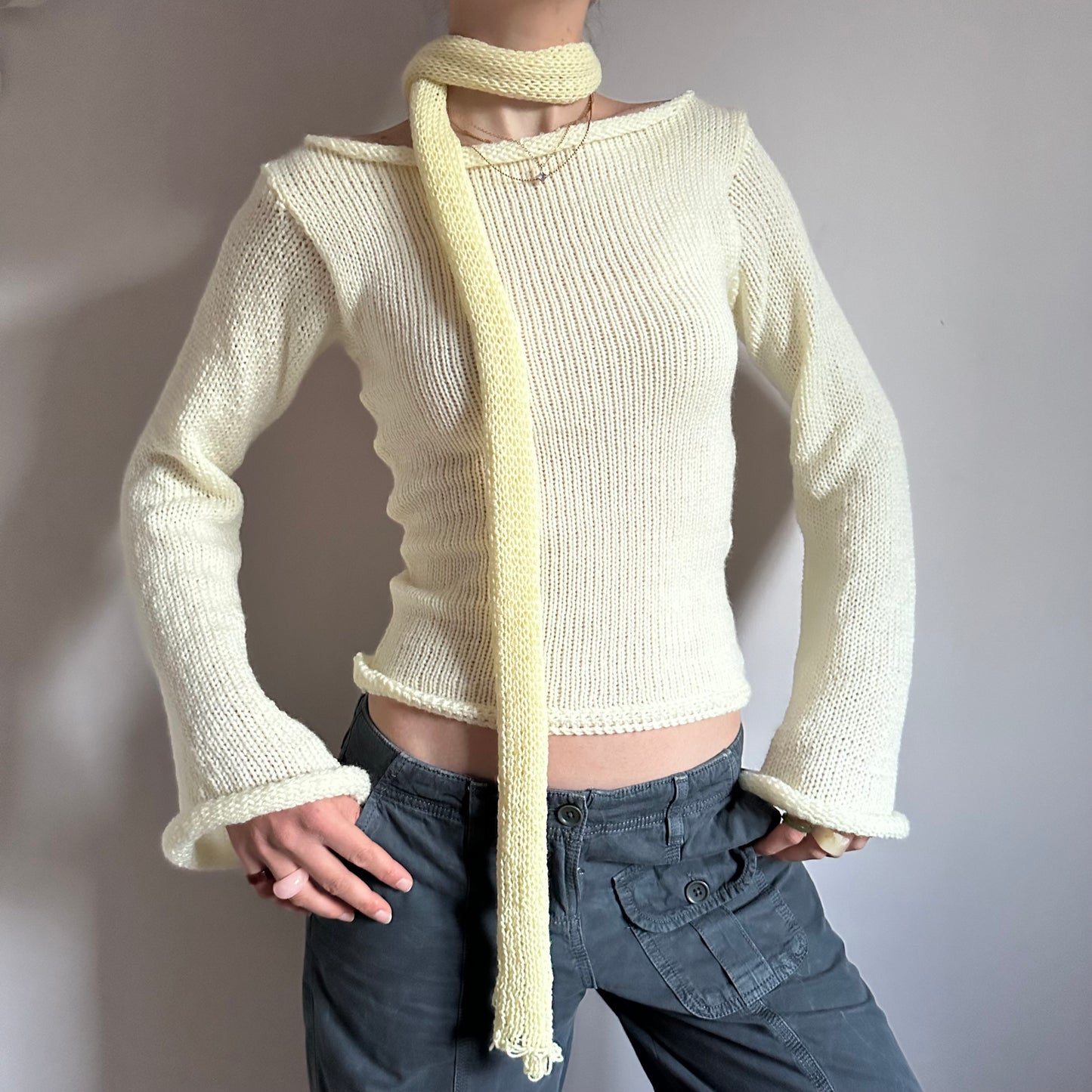 Handmade cream boat neck knitted jumper