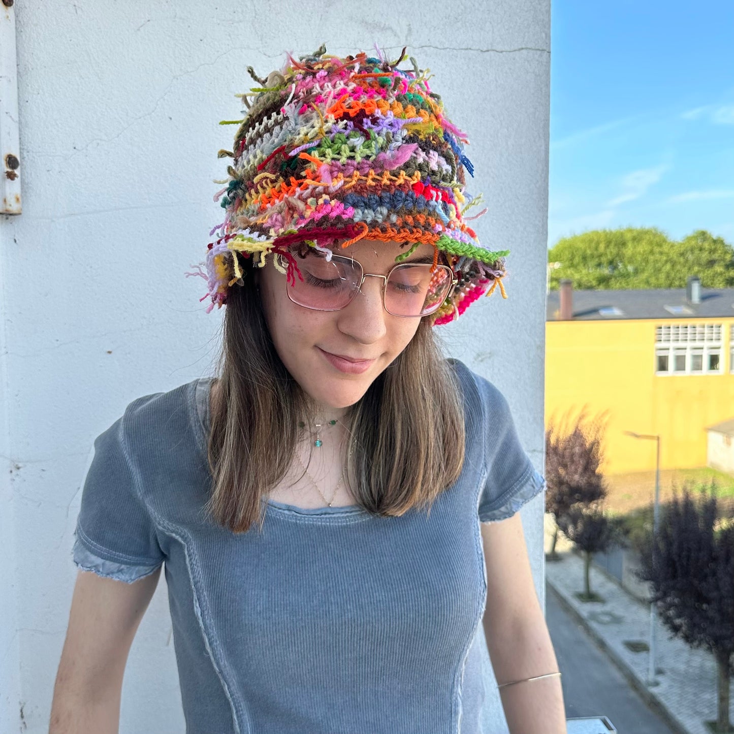 1 of 1 handmade crochet bucket hat made from leftover scraps of yarn