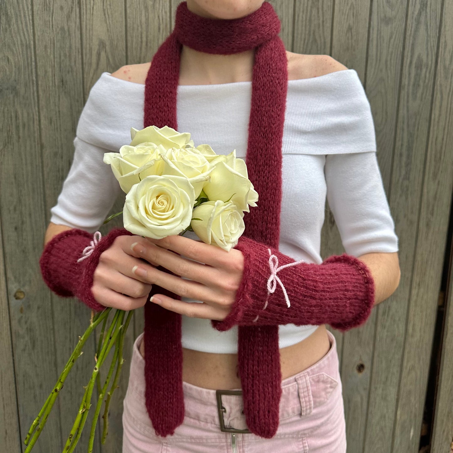 Handmade knitted mohair hand warmers in burgundy and baby pink - with thumb hole