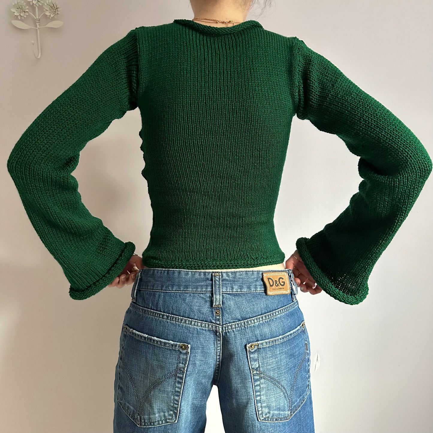 Handmade bottle green bell sleeve knitted jumper