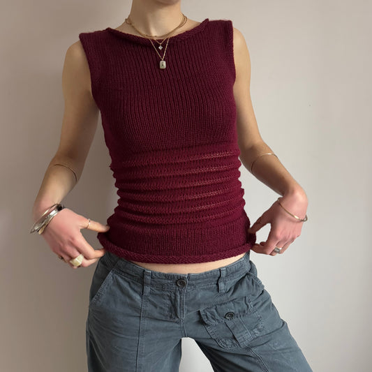 Handmade burgundy shirred knitted vest