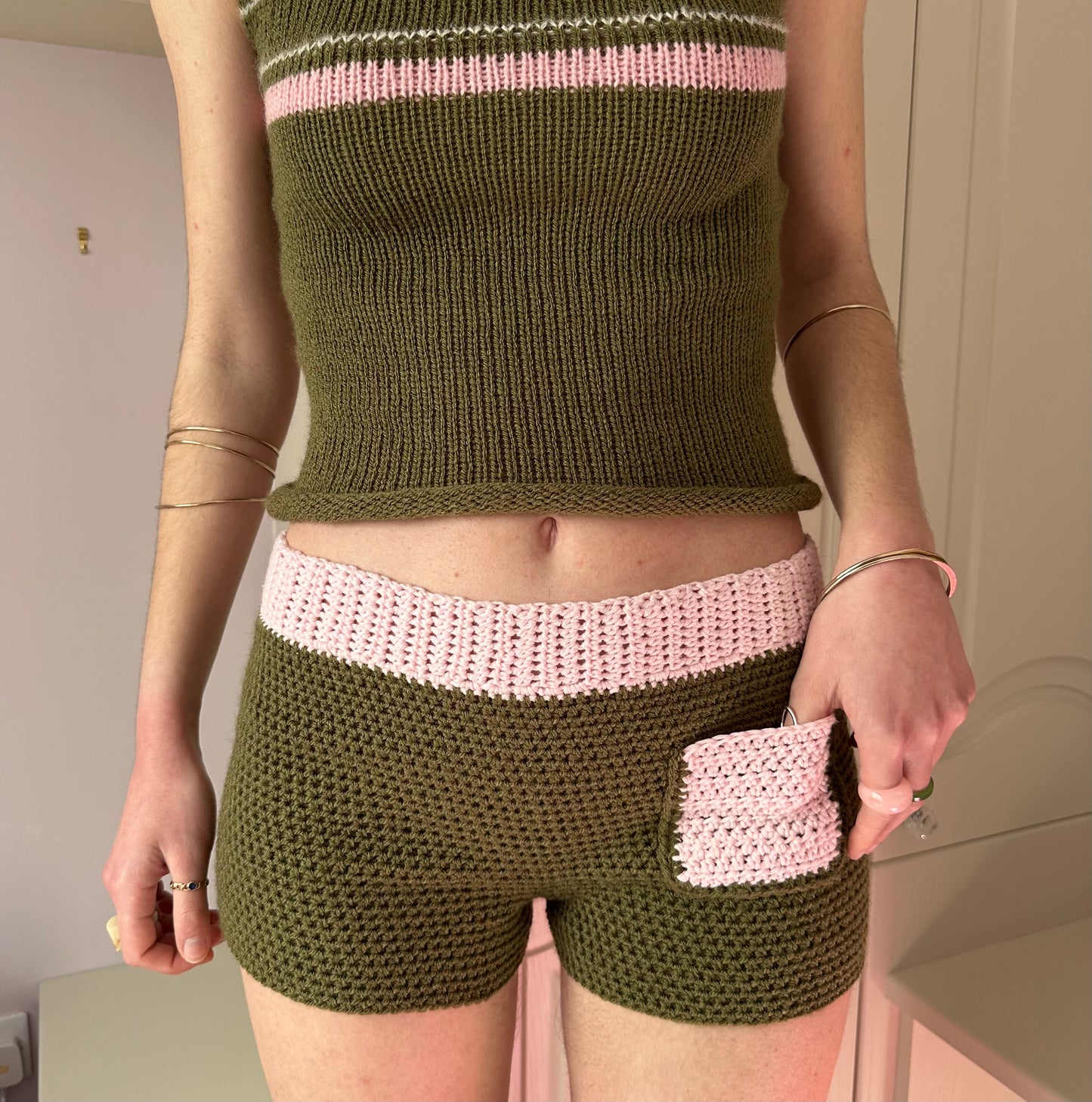 The Jade Shorts - handmade crochet shorts in khaki and baby pink with pocket