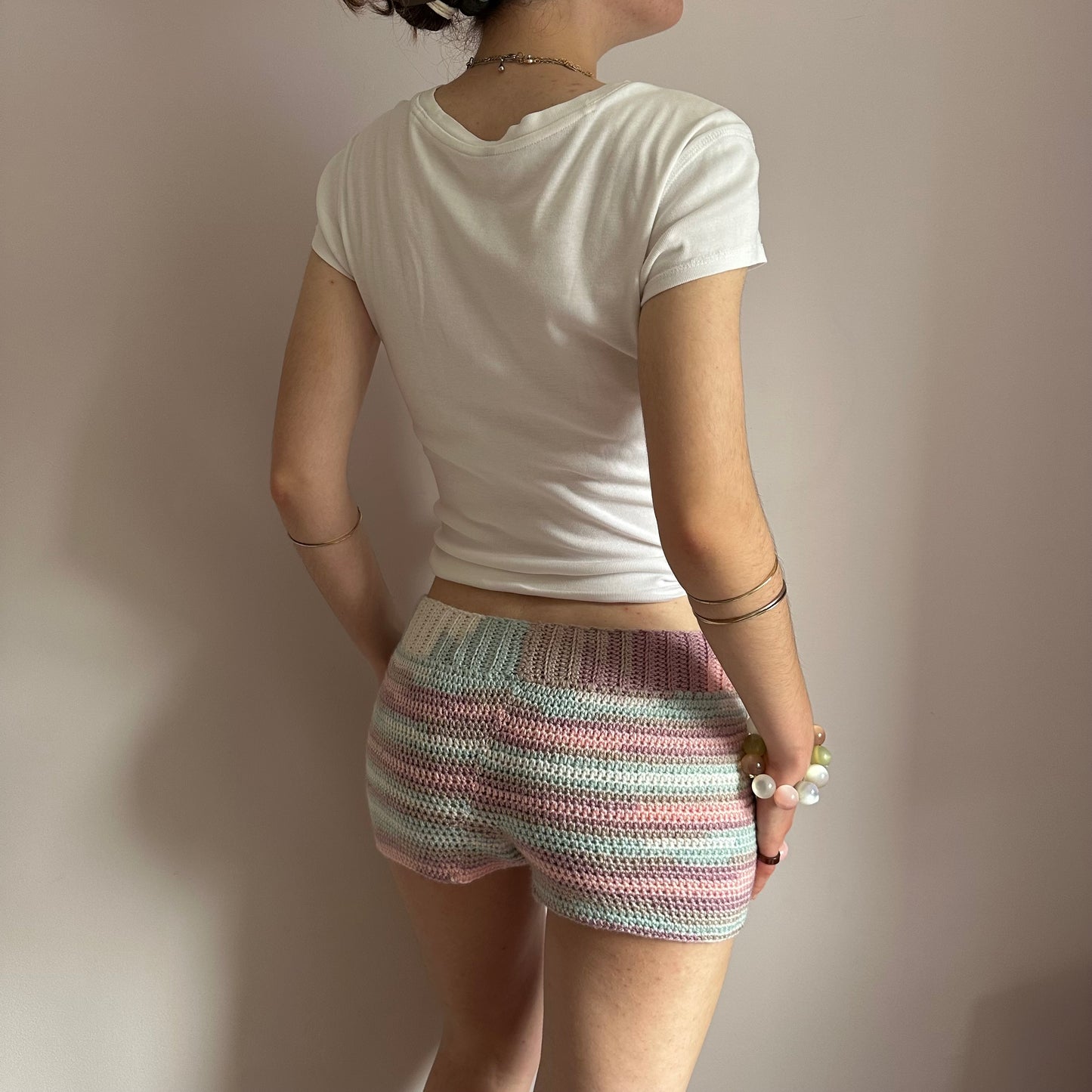 Handmade baby blue, pink, beige and white striped crochet shorts