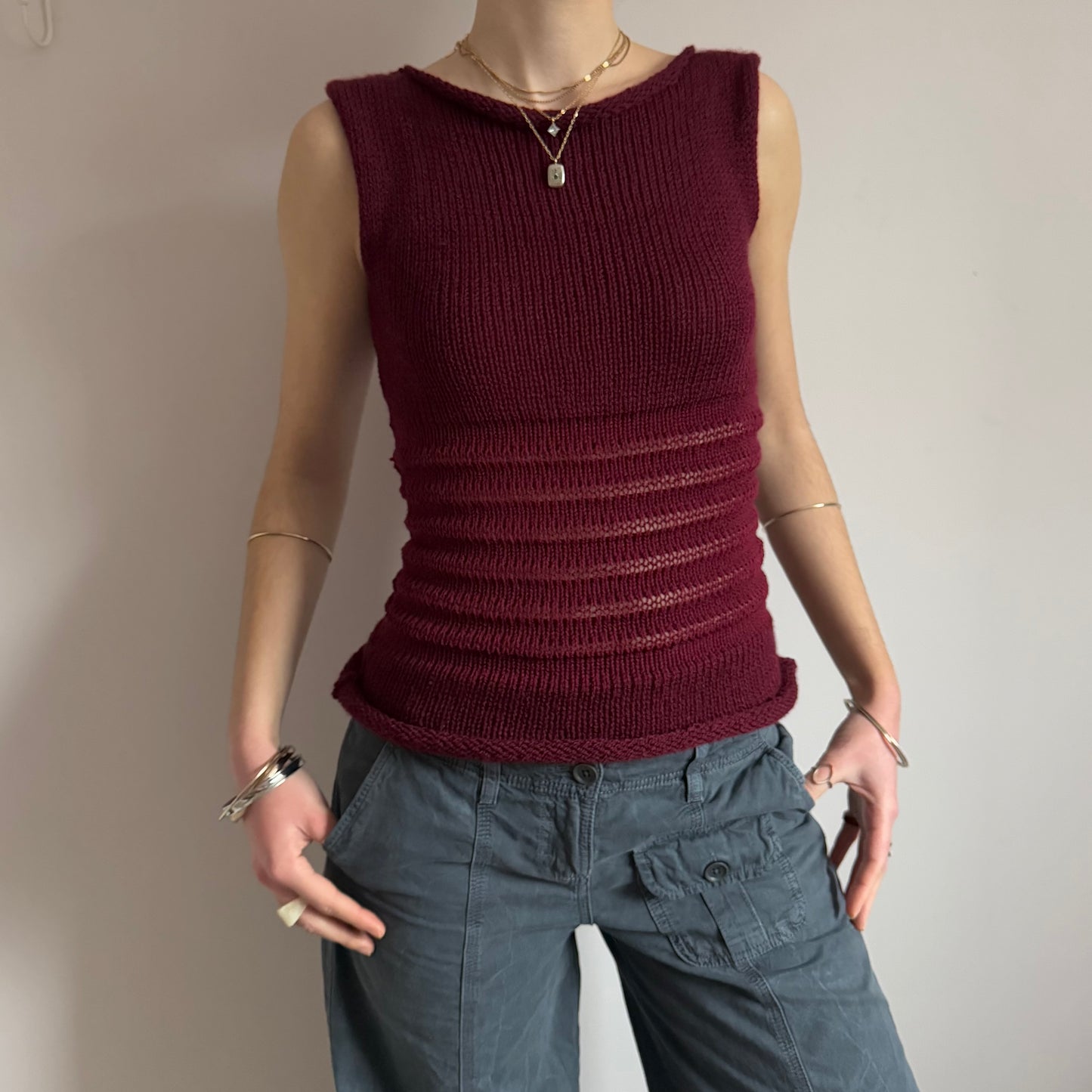 Handmade burgundy shirred knitted vest