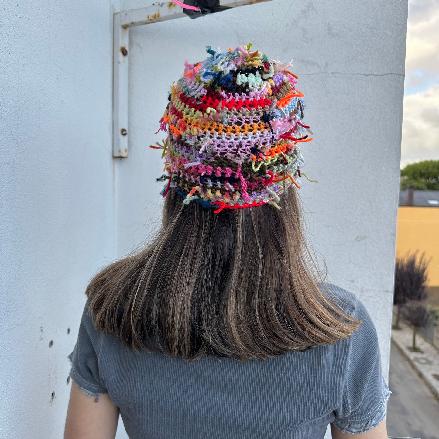 1 of 1 handmade crochet beanie hat made from leftover scraps of yarn