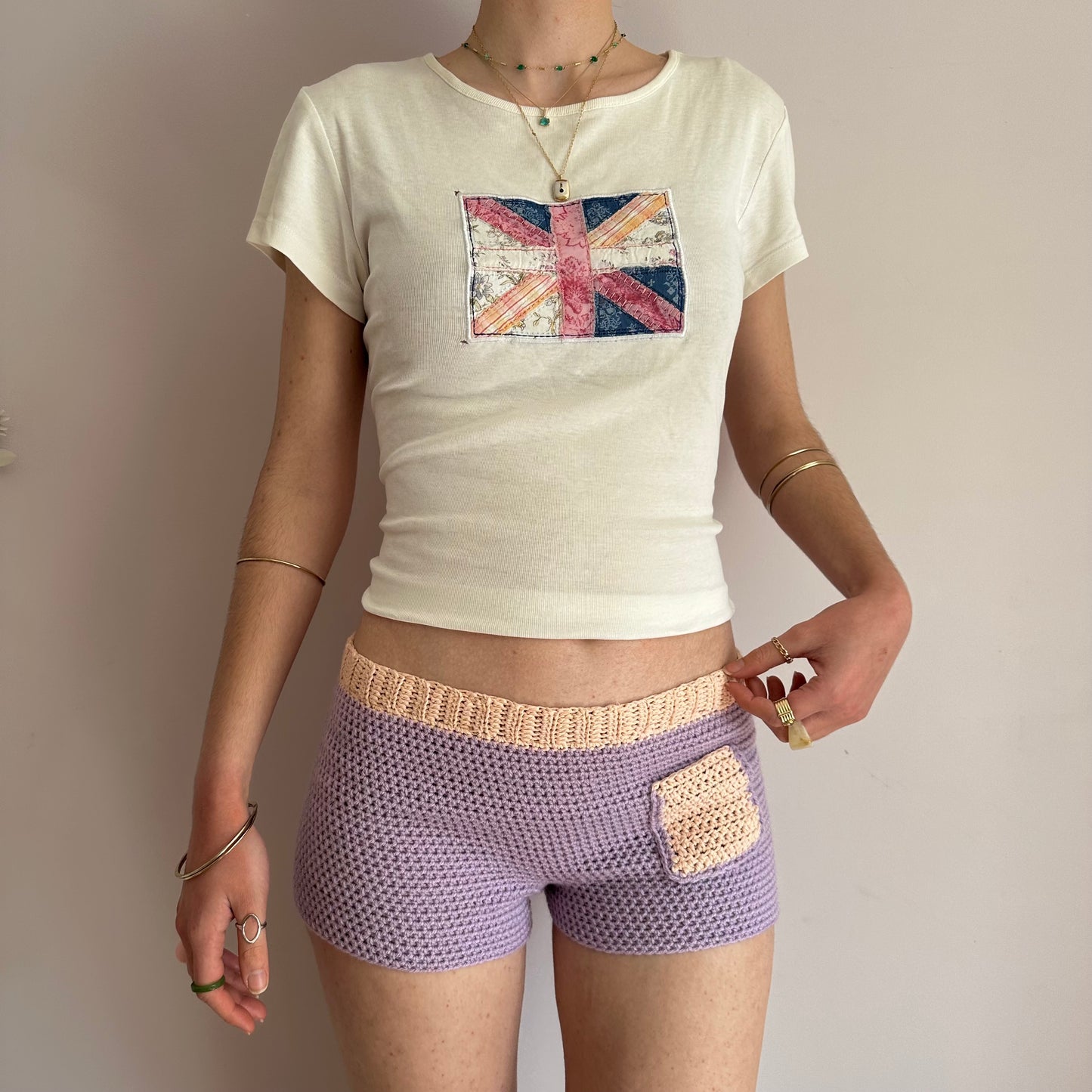 Handmade crochet shorts in lilac and peach with pocket