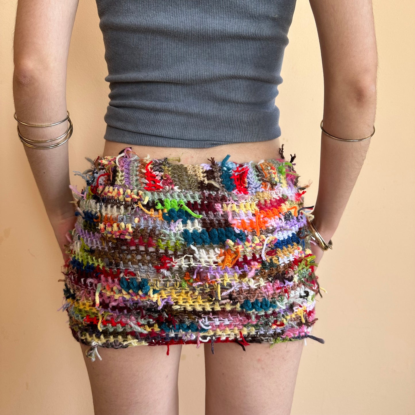 Handmade scrappy crochet mini skirt - 1 of 1, made of leftover yarn scraps