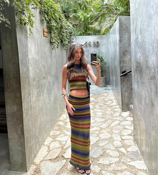 The Aspen Set - handmade knitted ombré vest and maxi skirt with side slit