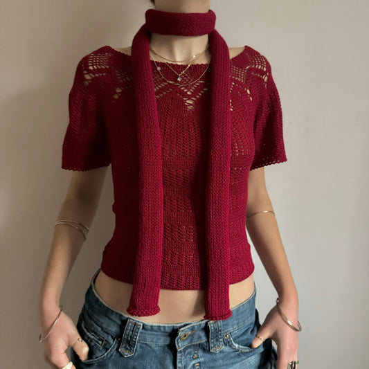 Handmade knitted skinny scarf in dark red