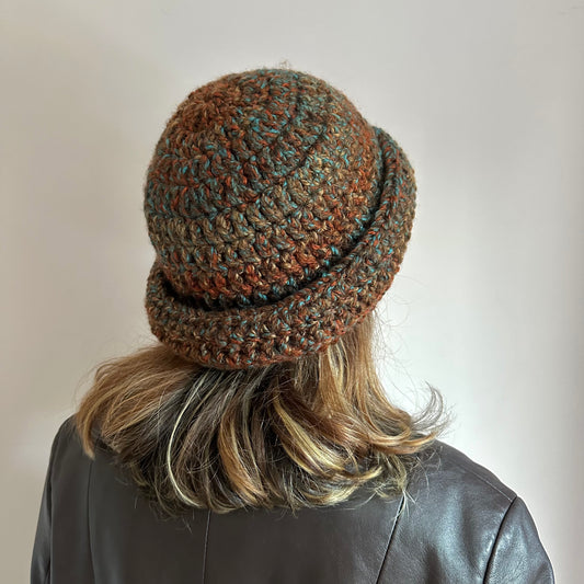 Handmade blue and brown chunky crochet bowler hat