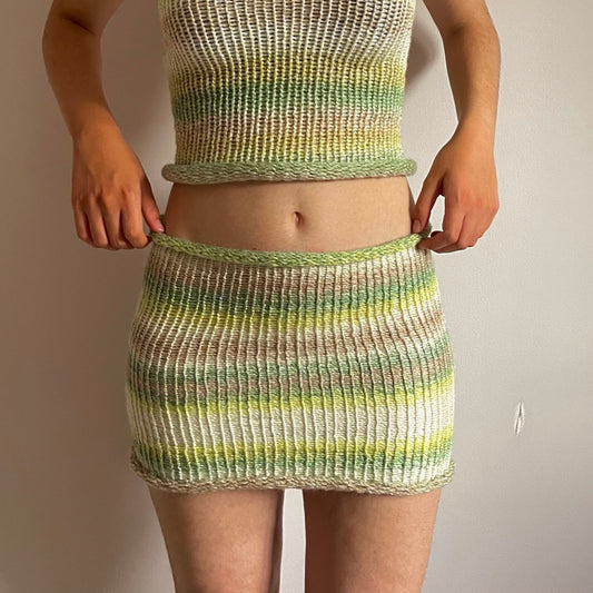 Handmade knitted mini skirt in green, beige and cream