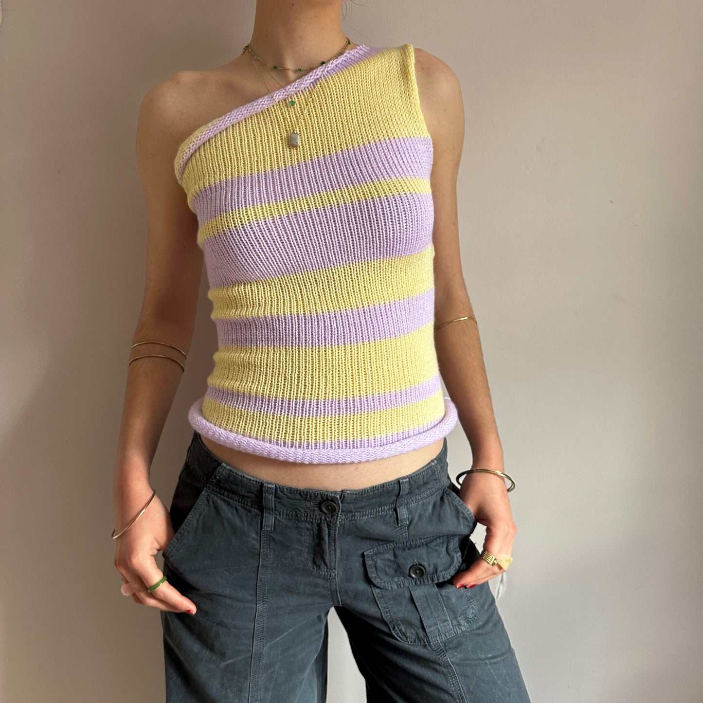 Handmade knitted striped one shoulder top in pastel yellow and lilac