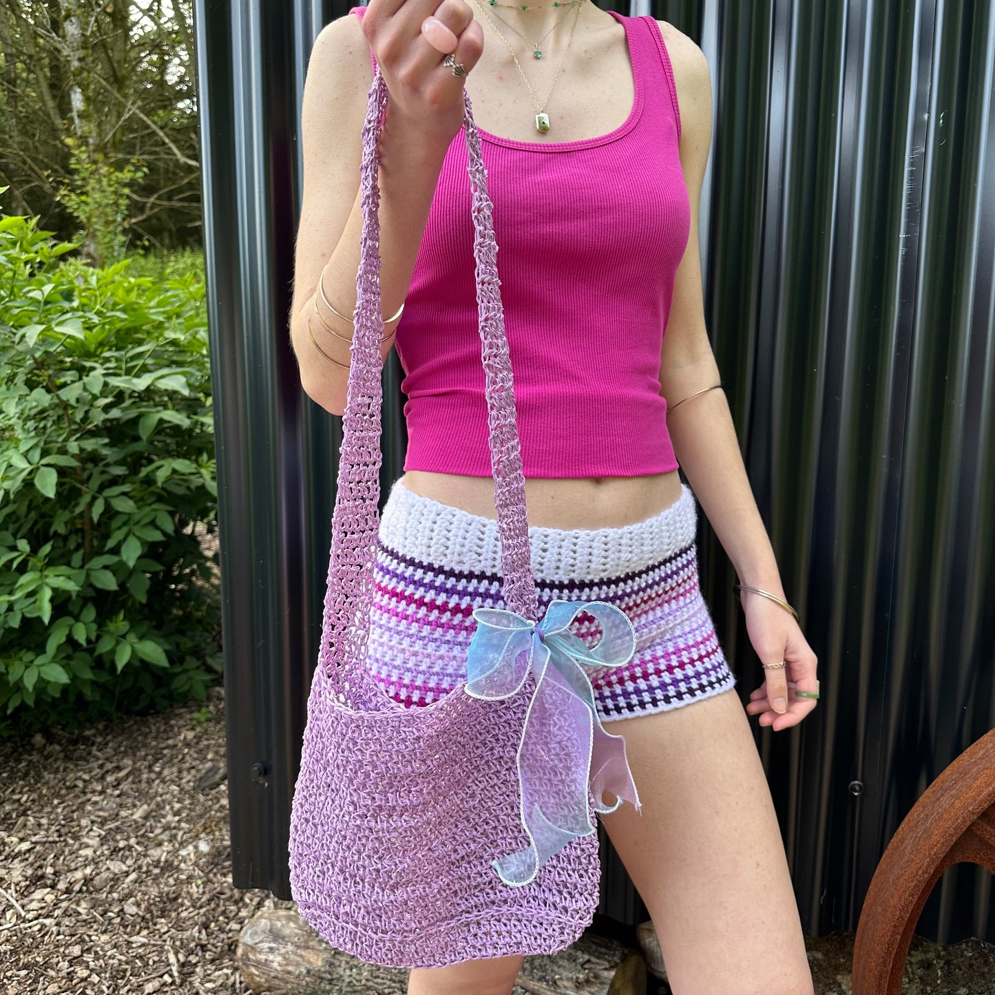 Handmade lilac crochet straw bag with bow - can also be worn crossbody