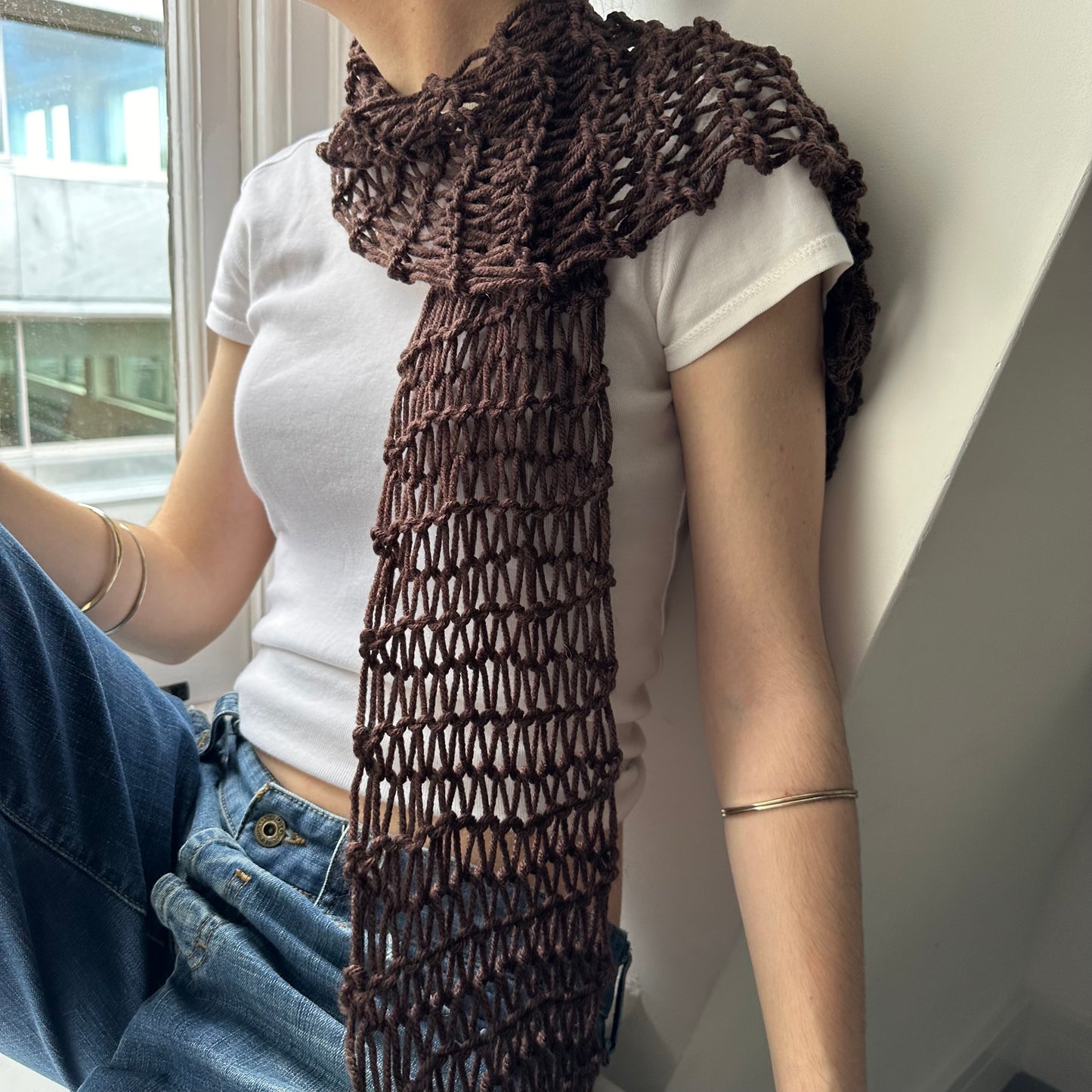 Handmade fishnet knitted scarf in brown