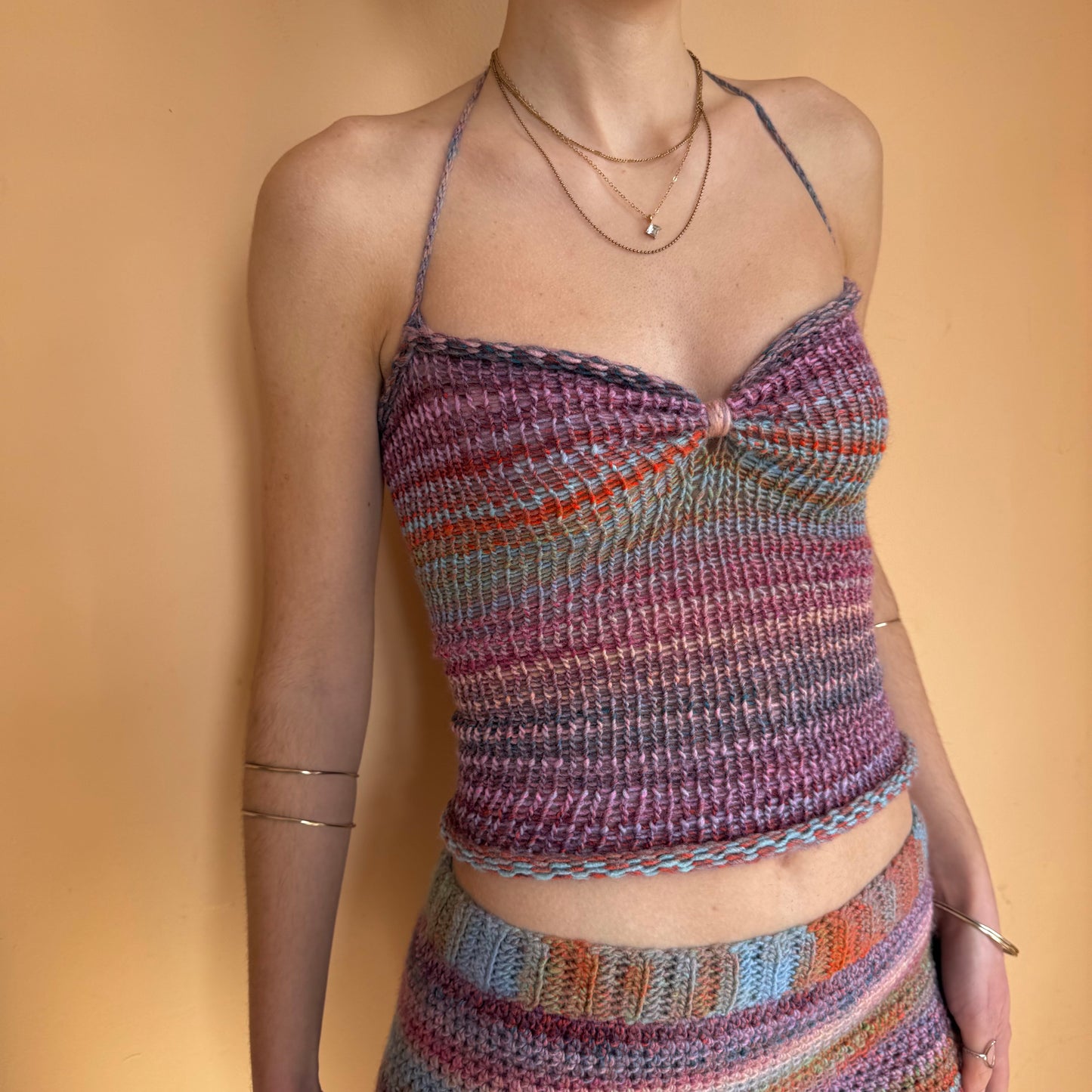 Handmade multicoloured ruched bust ombré knitted halter top
