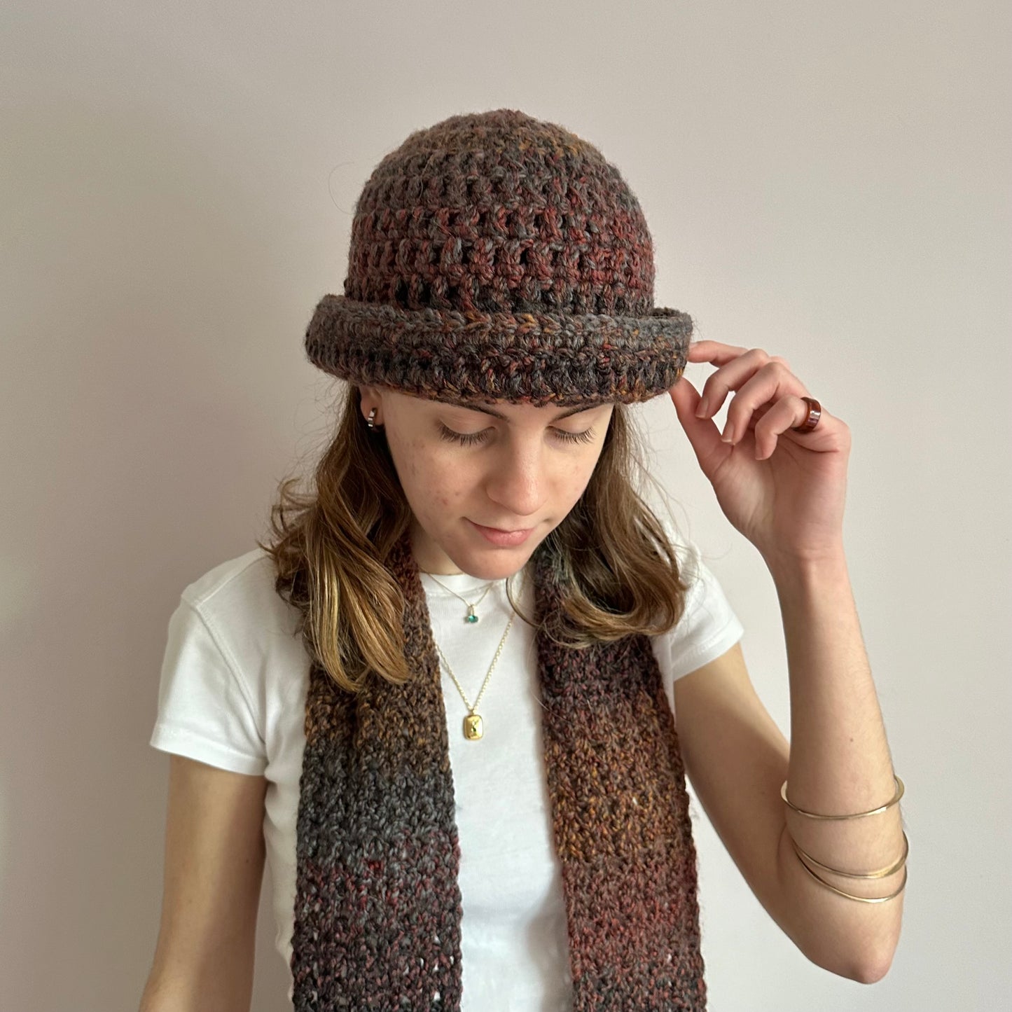Handmade brown, grey and orange chunky crochet bowler hat