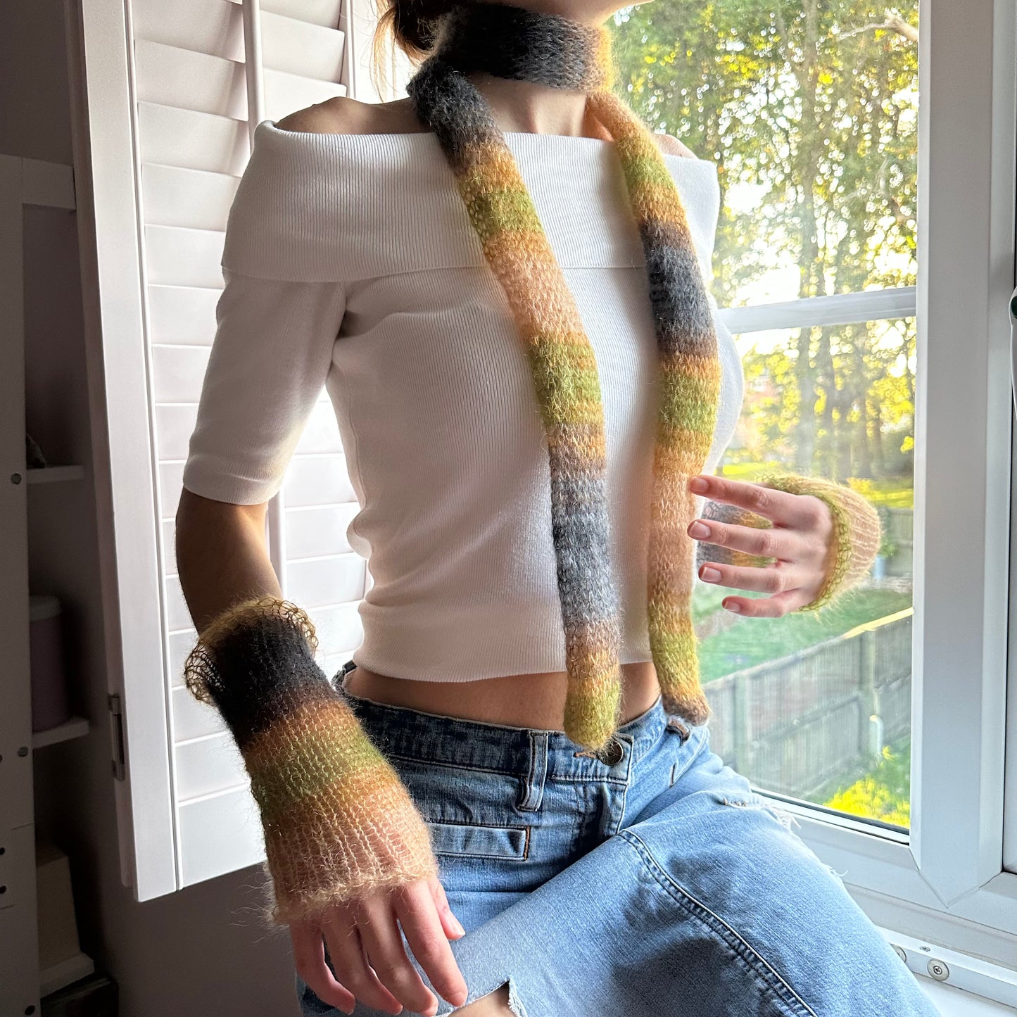 Handmade knitted mohair skinny scarf in ombré earth tones