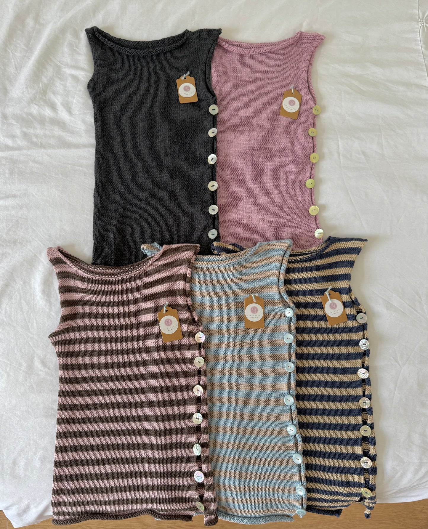 Handmade knitted Pearl Vest - baby blue and beige striped (pre made)