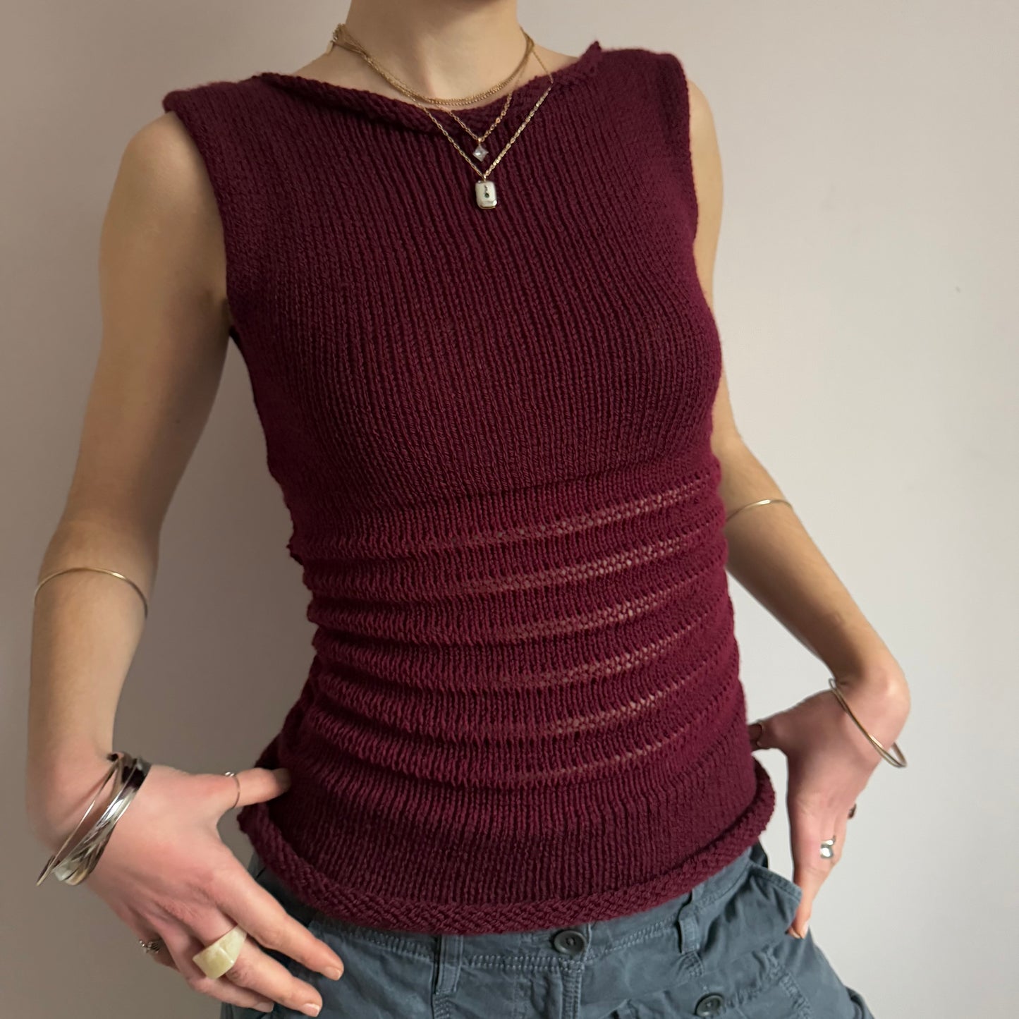 Handmade burgundy shirred knitted vest