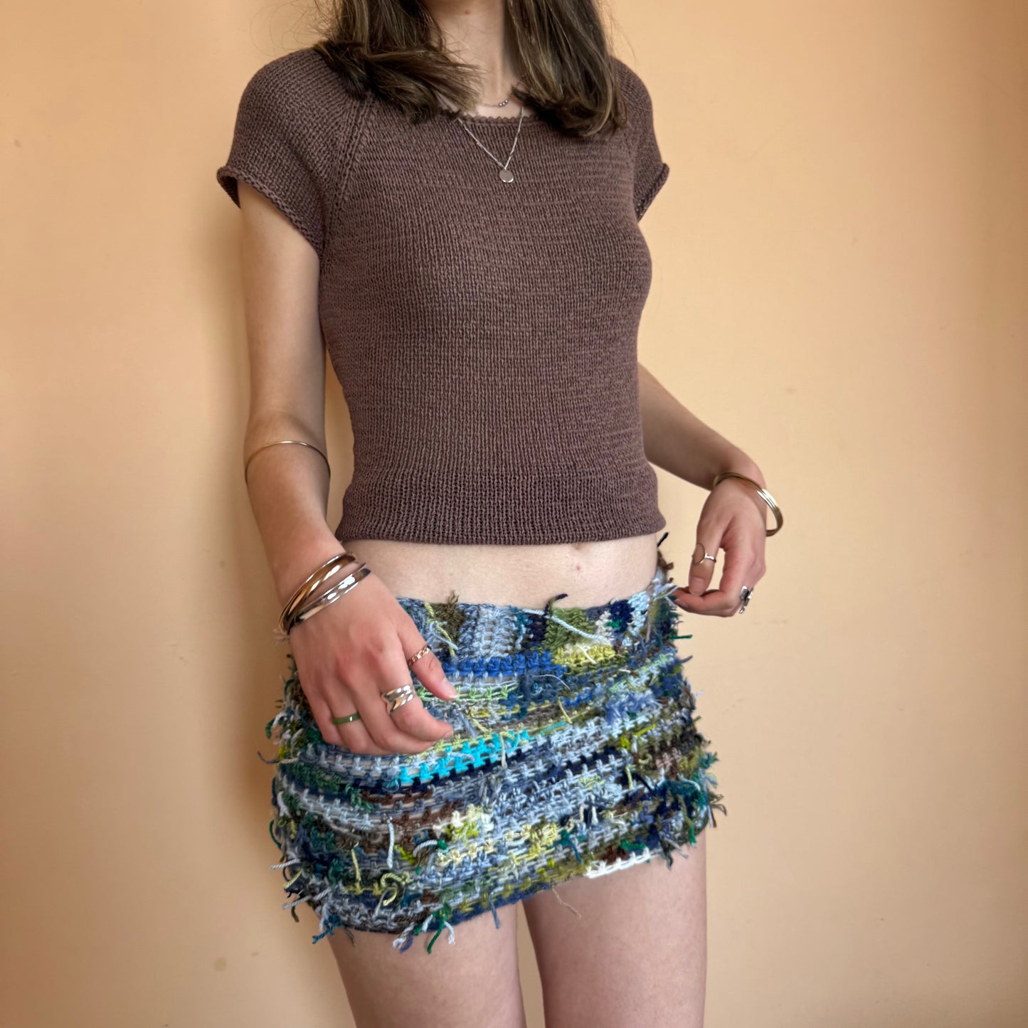 Handmade scrappy crochet mini skirt - 1 of 1, made of leftover yarn scraps (pre made)