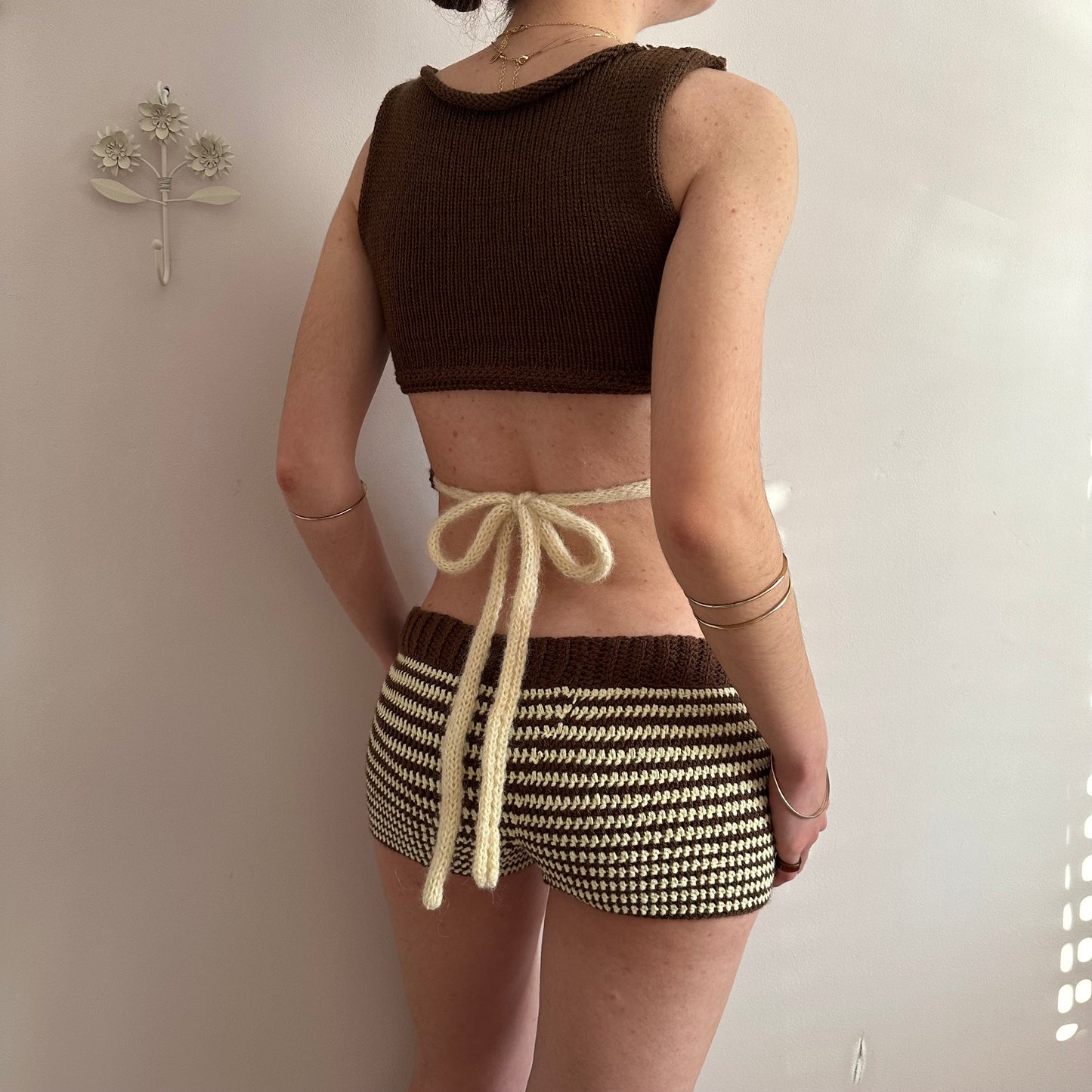 The Sienna Set - matching striped crochet shorts and bow tie up knit vest top