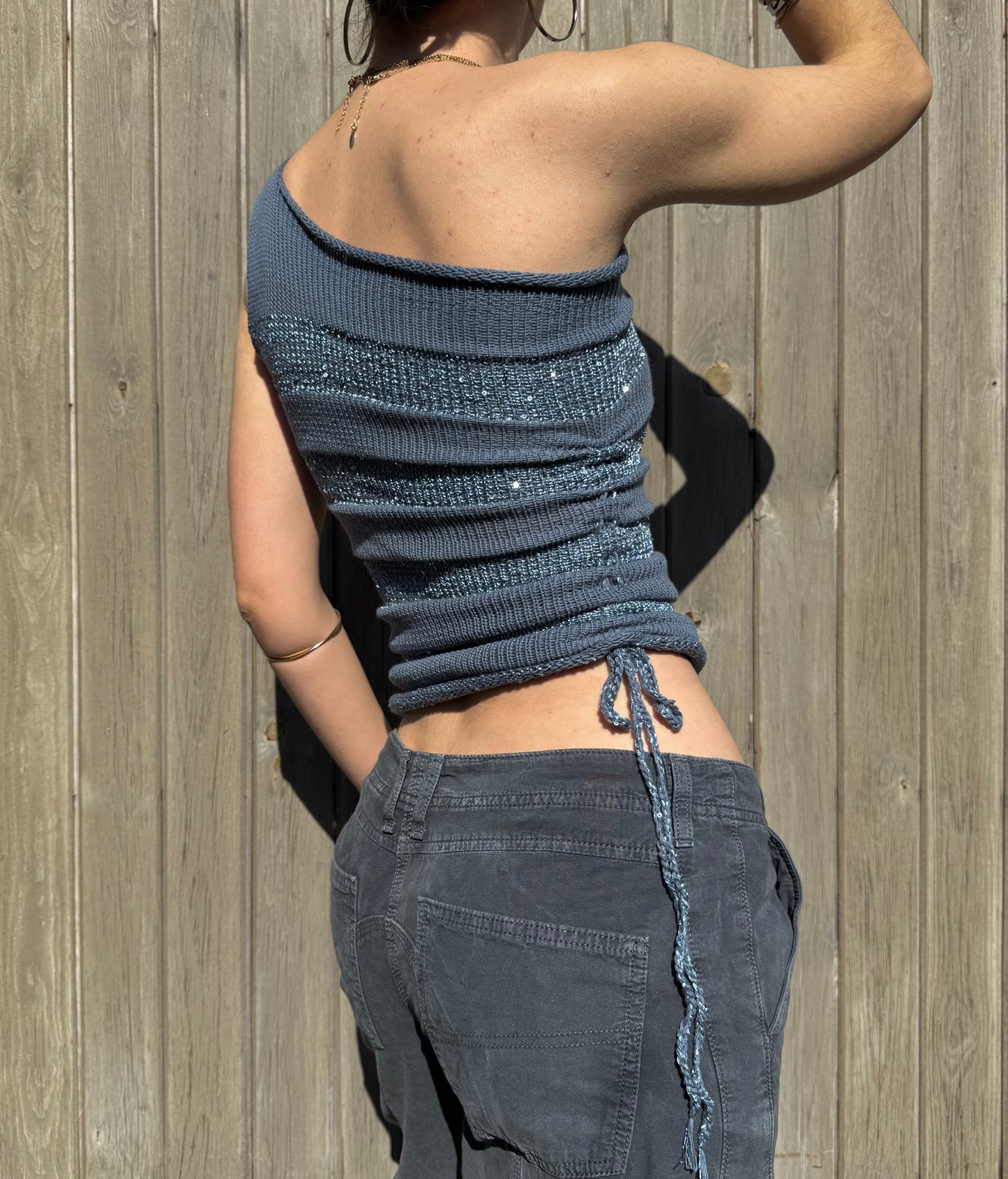 Handmade sparkly draped one shoulder knit top in denim blue - cotton