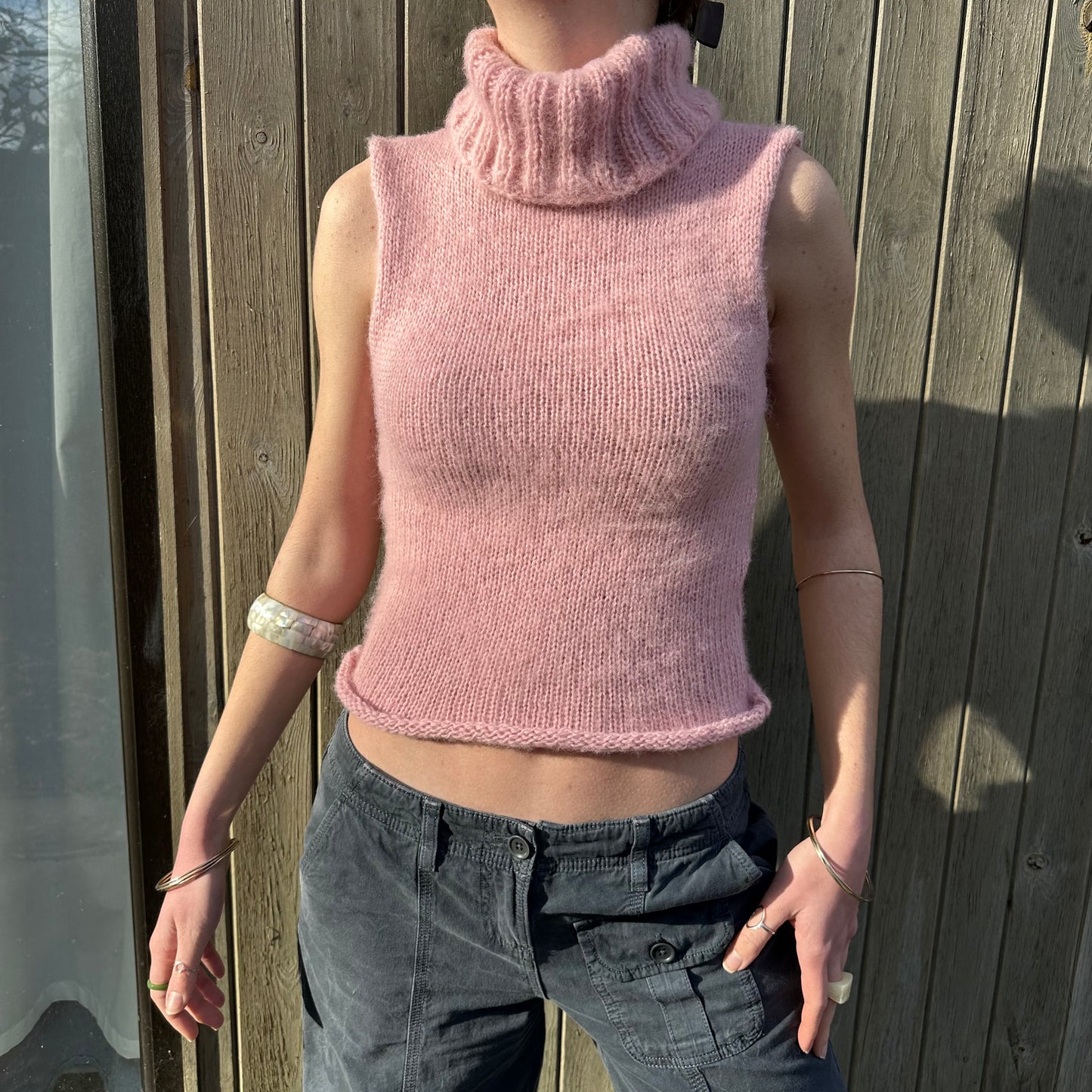 Handmade fluffy baby pink turtleneck knit vest