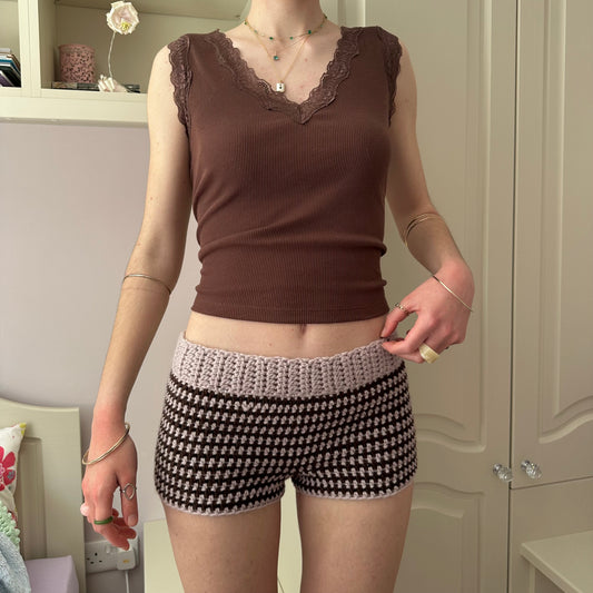 Handmade dusky pink and brown striped crochet shorts