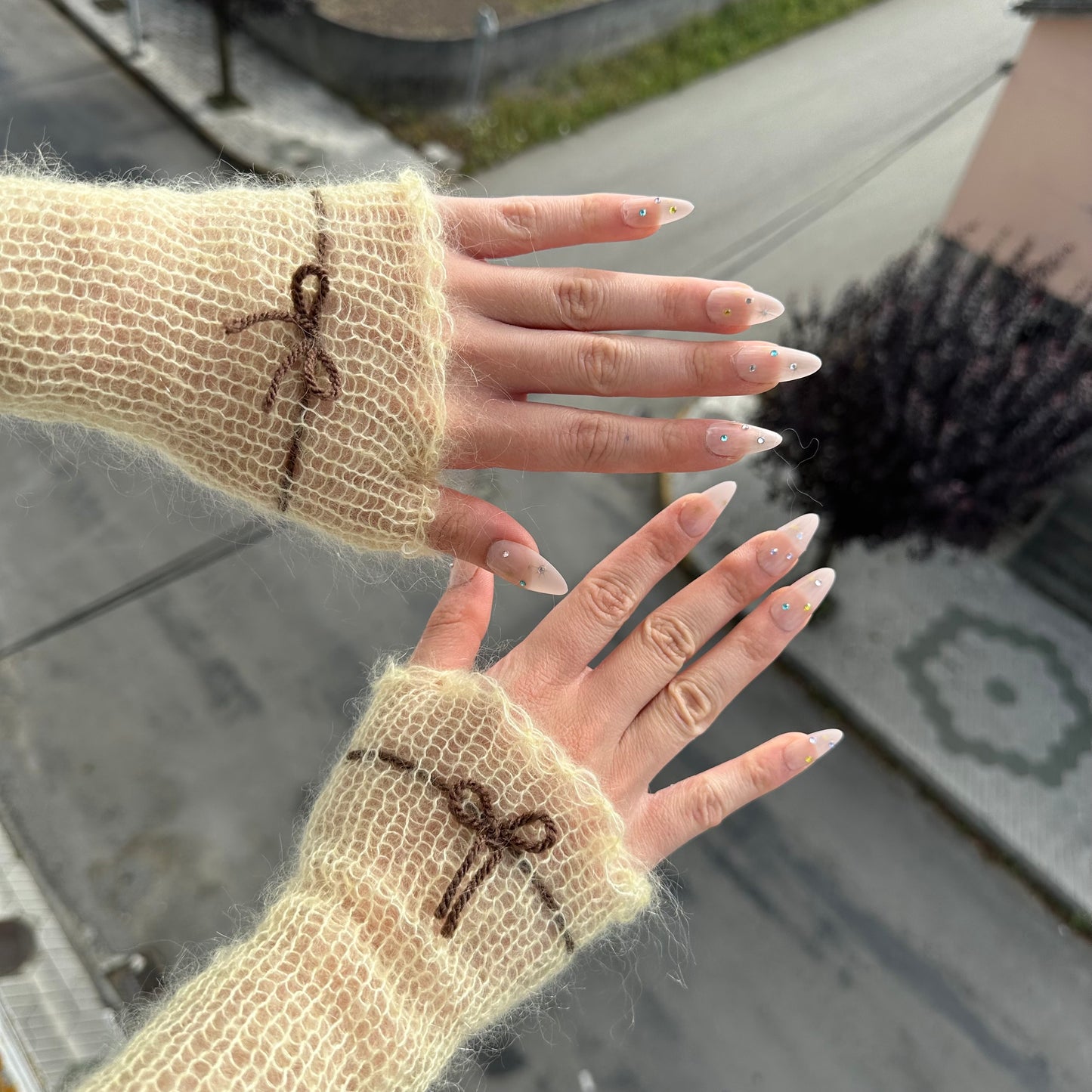 Handmade knitted mohair hand warmers in light yellow and brown - with thumb hole