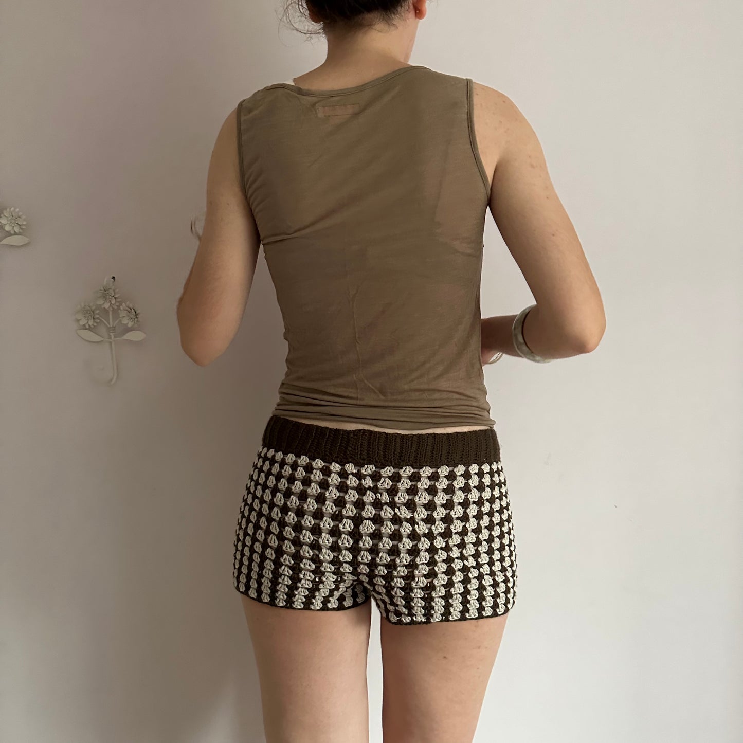 Handmade gingham crochet shorts in brown and beige