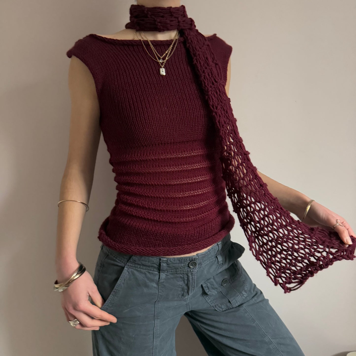 Handmade burgundy shirred knitted vest