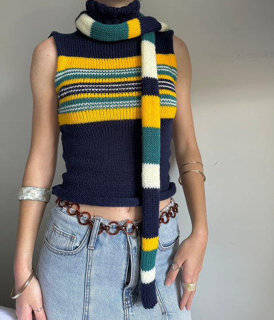 Handmade knitted stripy skinny scarf in navy, cream, yellow and teal