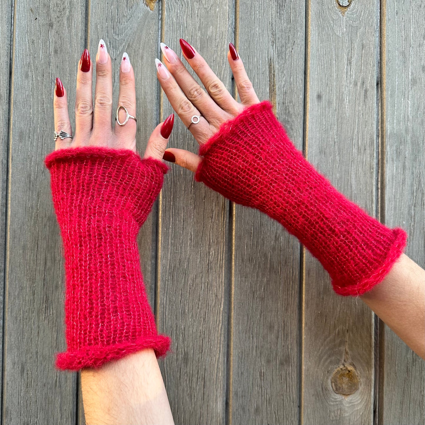 Handmade reversible knitted red mohair hand warmers