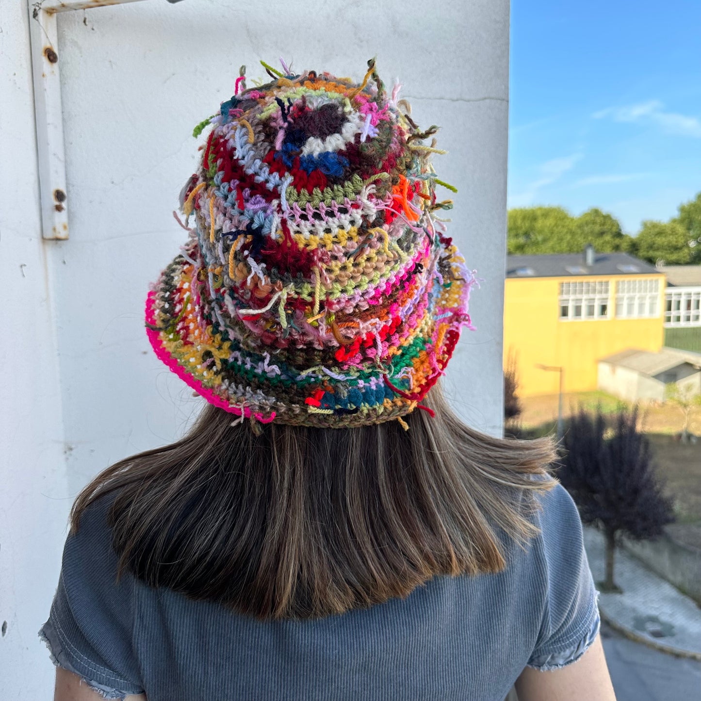 1 of 1 handmade crochet bucket hat made from leftover scraps of yarn