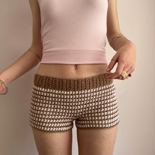 Handmade tan and baby pink striped crochet shorts