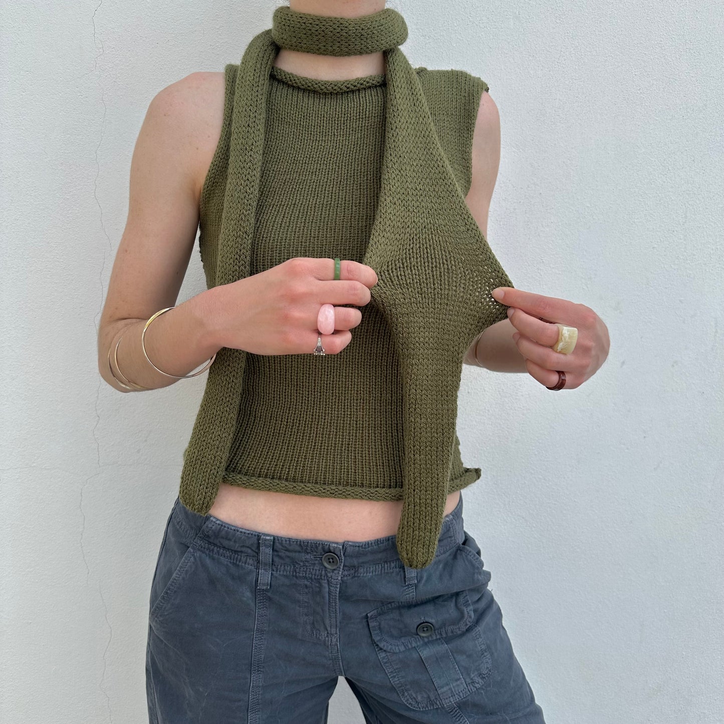 Handmade knitted skinny scarf in khaki green