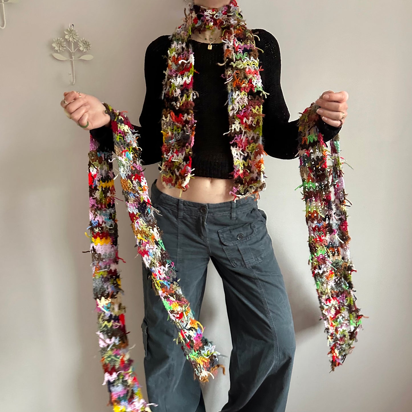 Scrappy skinny scarf #2 - handmade from leftover yarn scraps