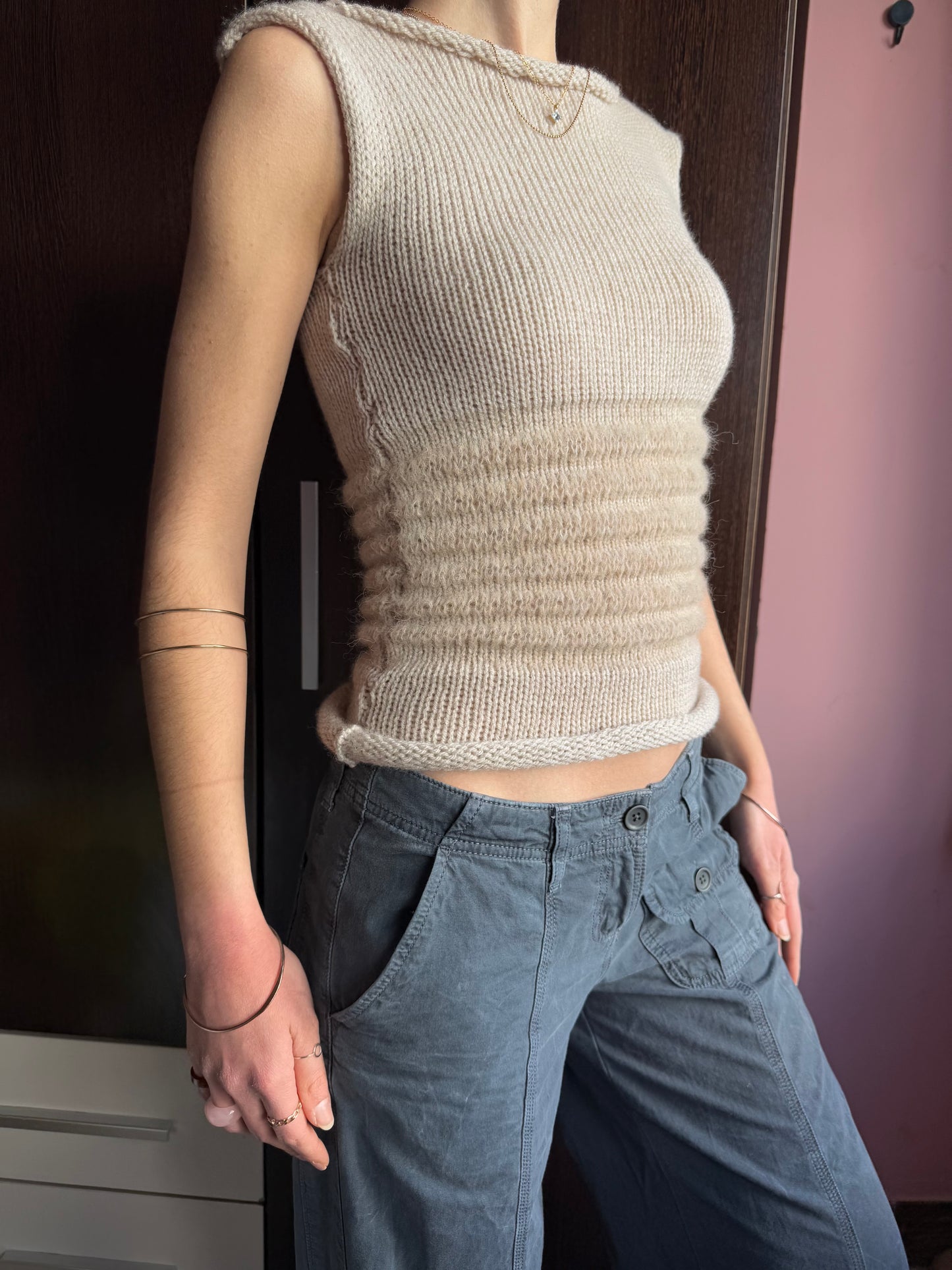 Handmade beige shirred knitted vest - mohair blend