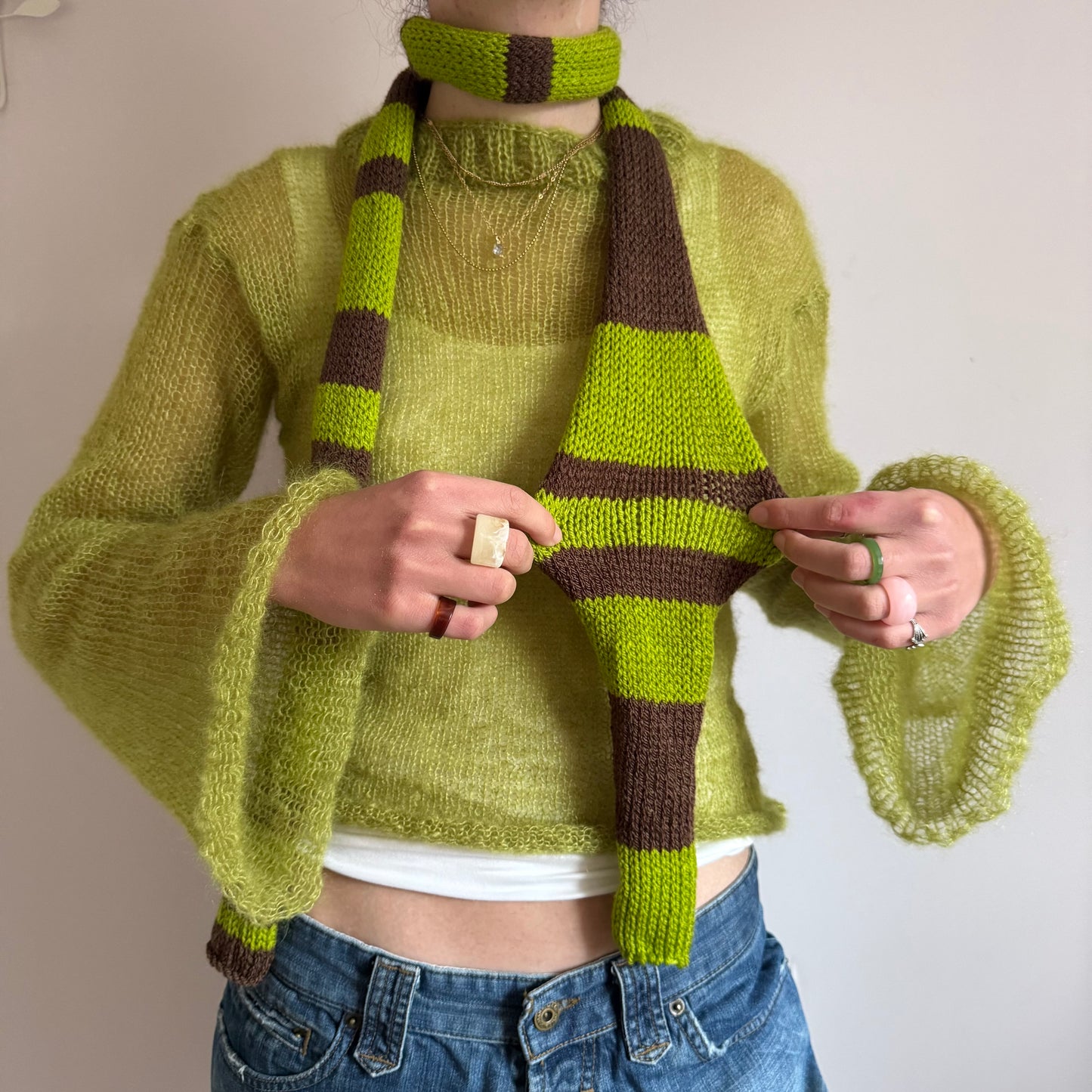 Handmade knitted striped skinny scarf in green and brown