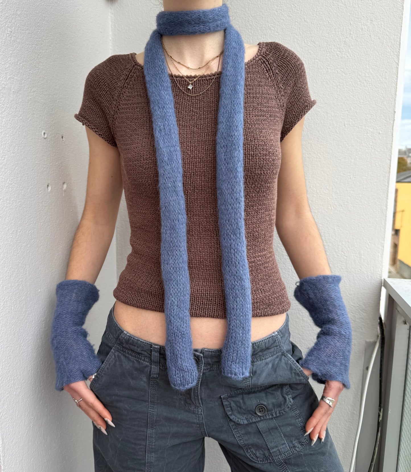 Handmade knitted mohair skinny scarf in denim blue