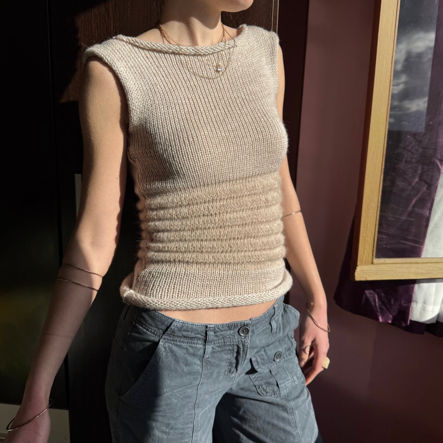 Handmade beige shirred knitted vest - mohair blend