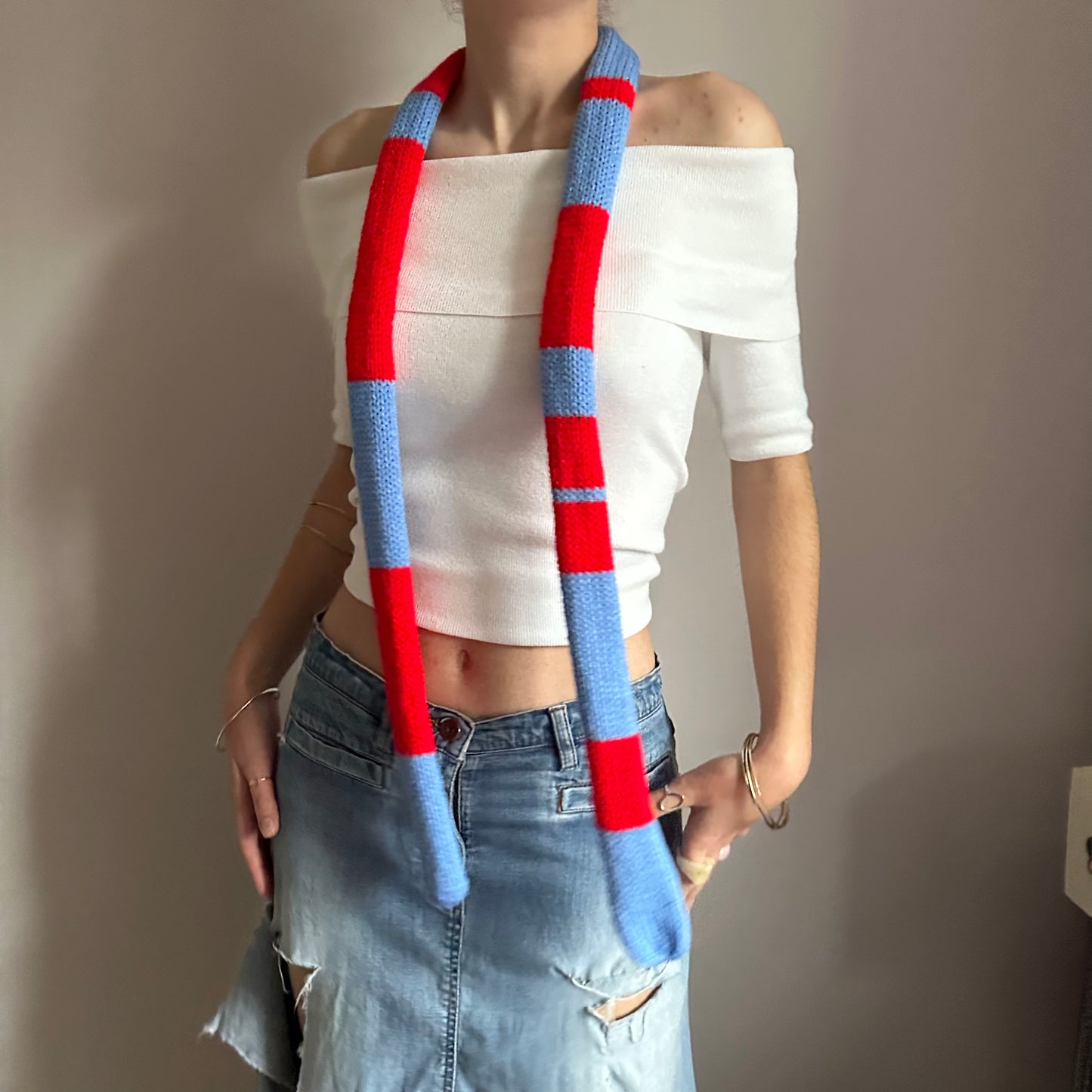 Handmade knitted stripy skinny scarf in red and blue