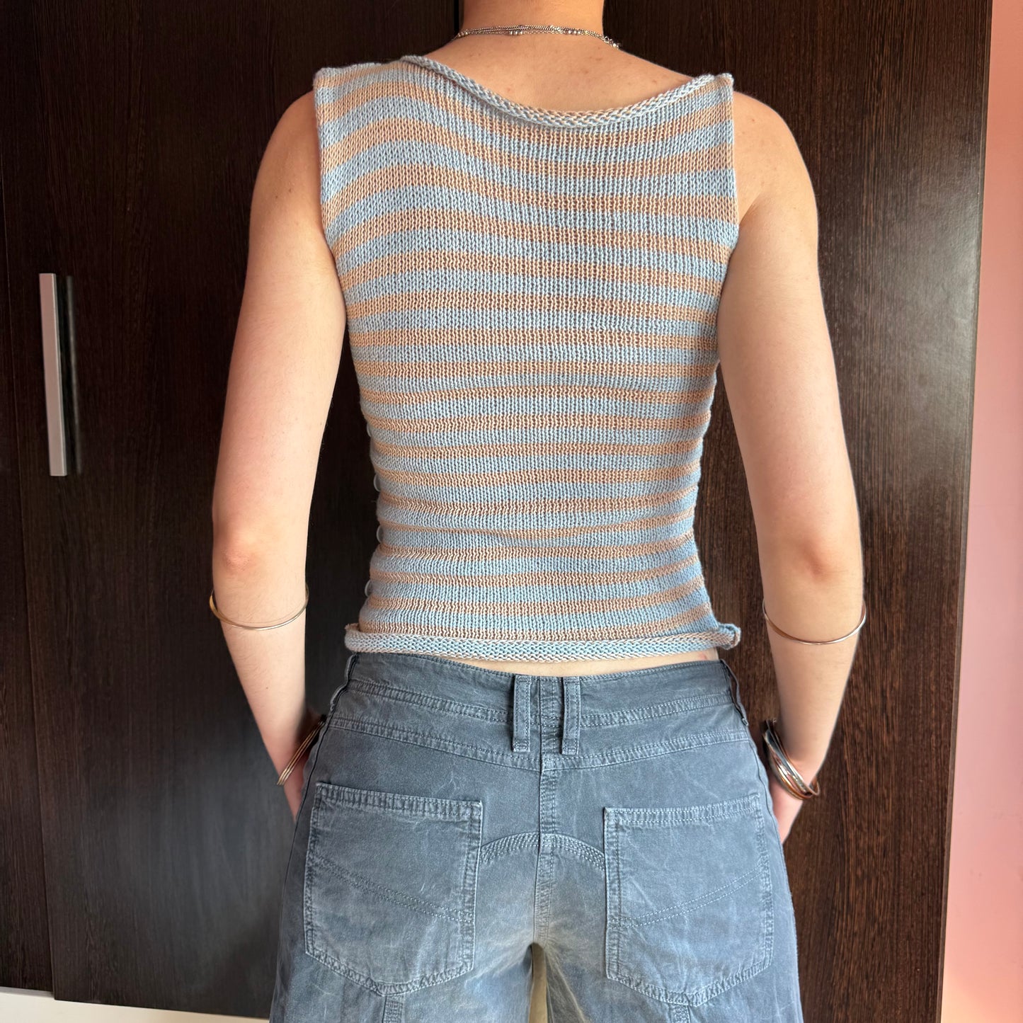Handmade knitted Pearl Vest - baby blue and beige striped (pre made)