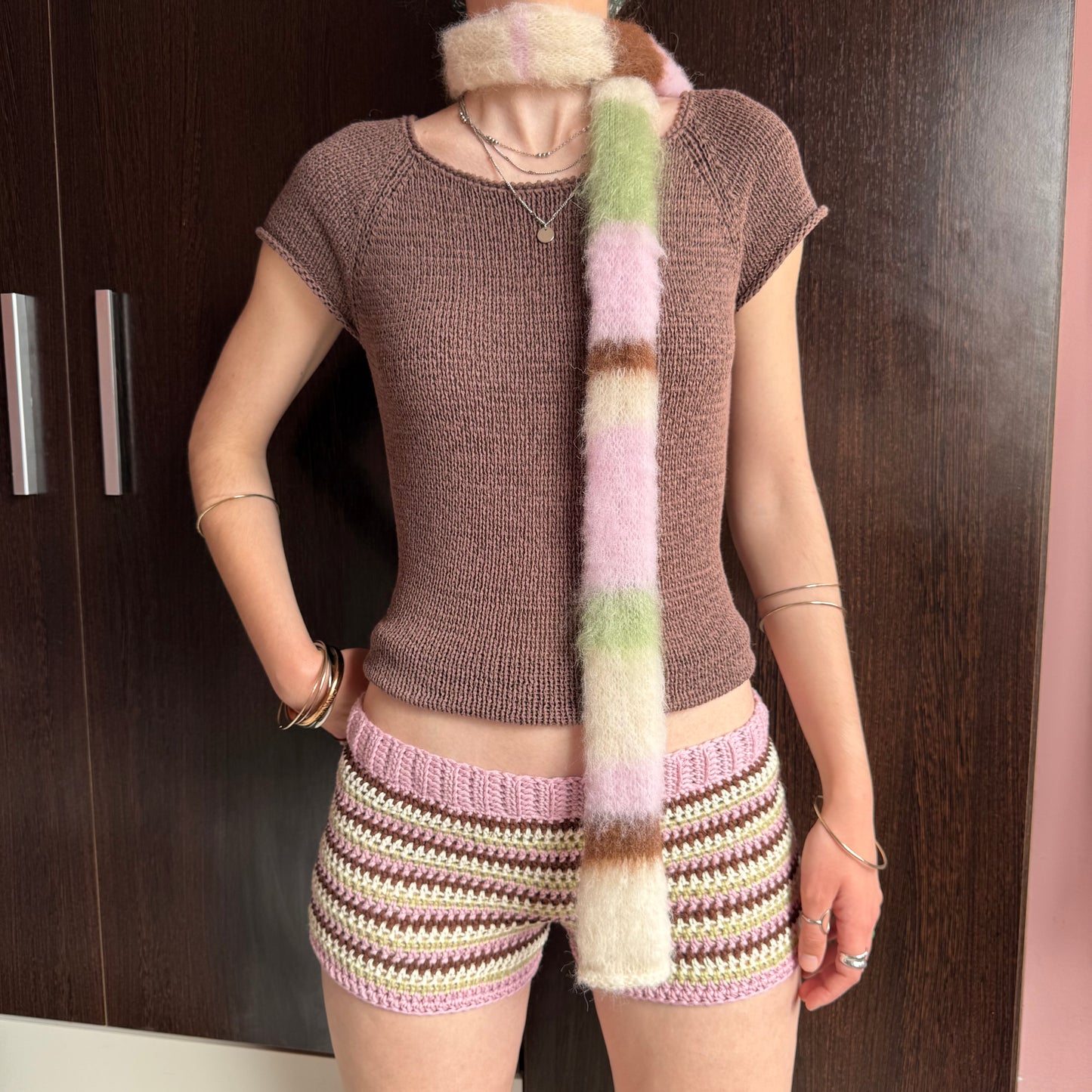 Handmade pink, brown, green and cream striped cotton crochet shorts - pre made